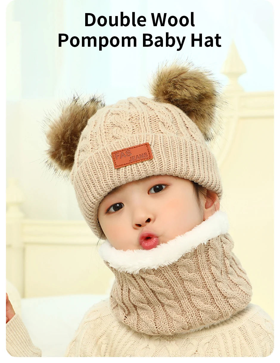 Cute Double Wool Pompom Baby Hat – Cozy Knit Beanie for Winter