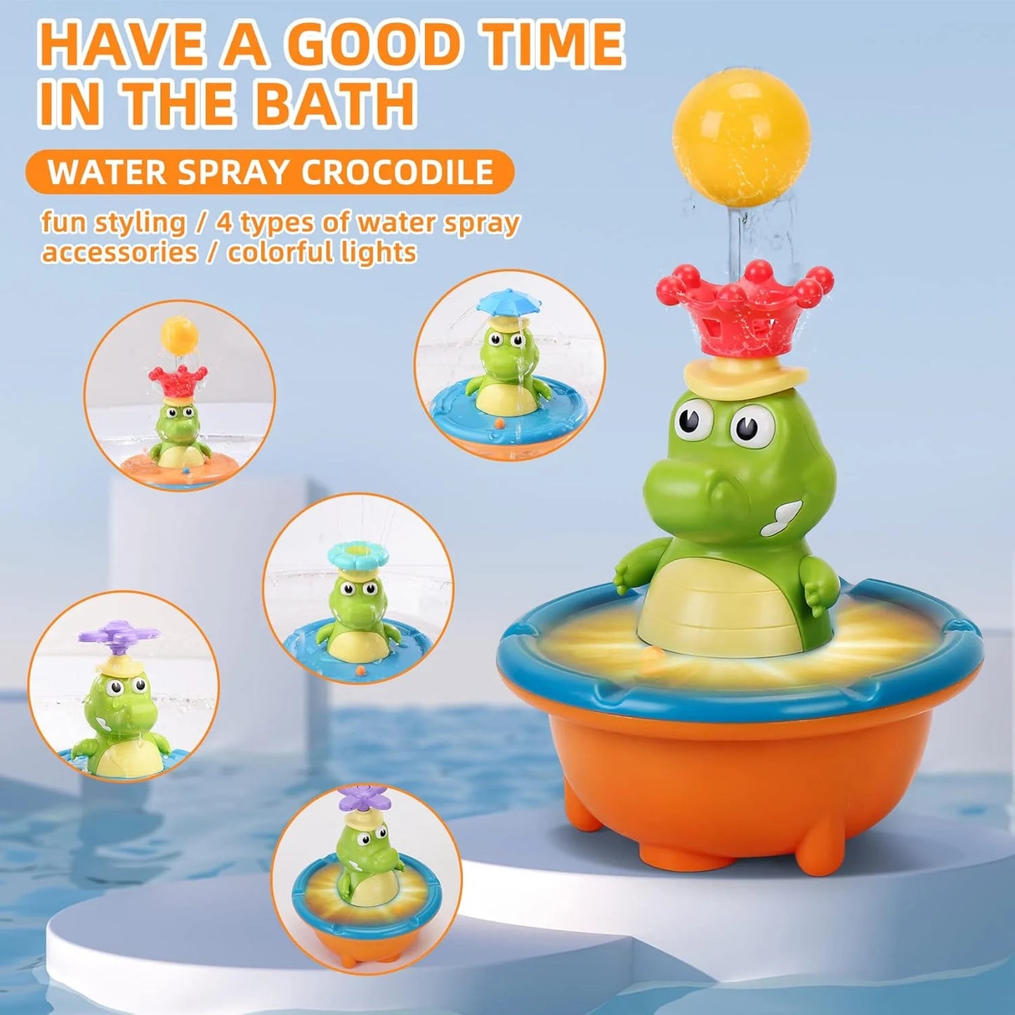SplashGator LED Crocodile Bath Sprinkler Toy for Kids | Floating Water Spray Bath & Pool Toy