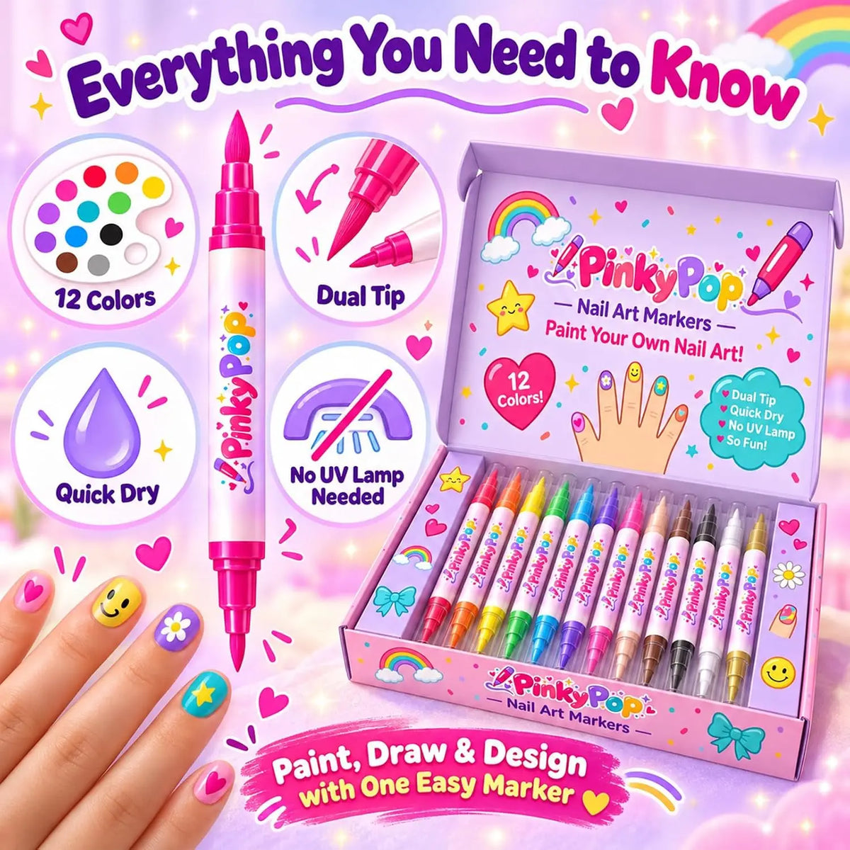 PinkyPop Dual-Tip Nail Art Pens – 12 Colours